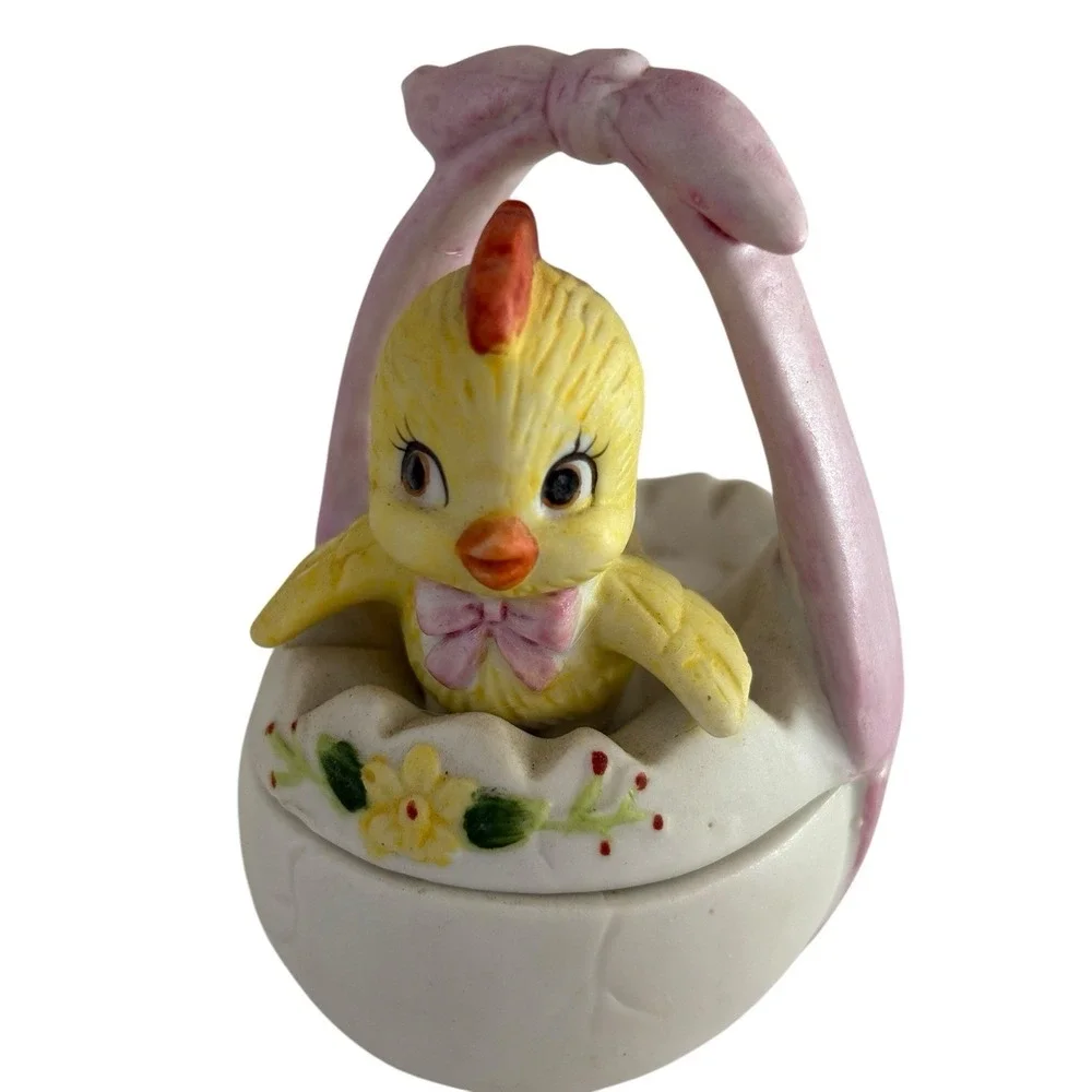 Vintage Lefton Chick In Egg Bow Trinket Box